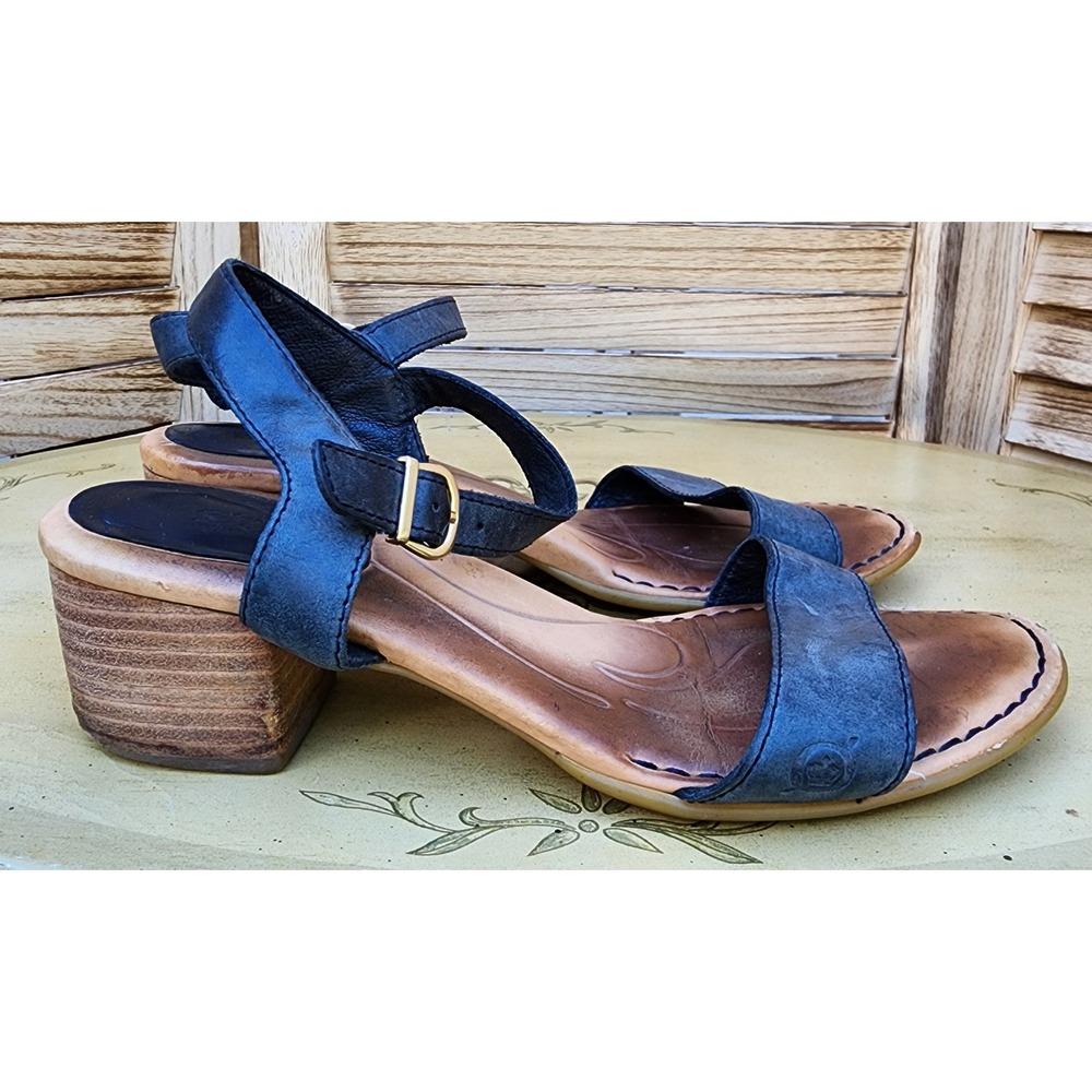 Born Sz 8 Dark Gray Leather Block Heel Ankle Strap Sandals Boho Resort Wear